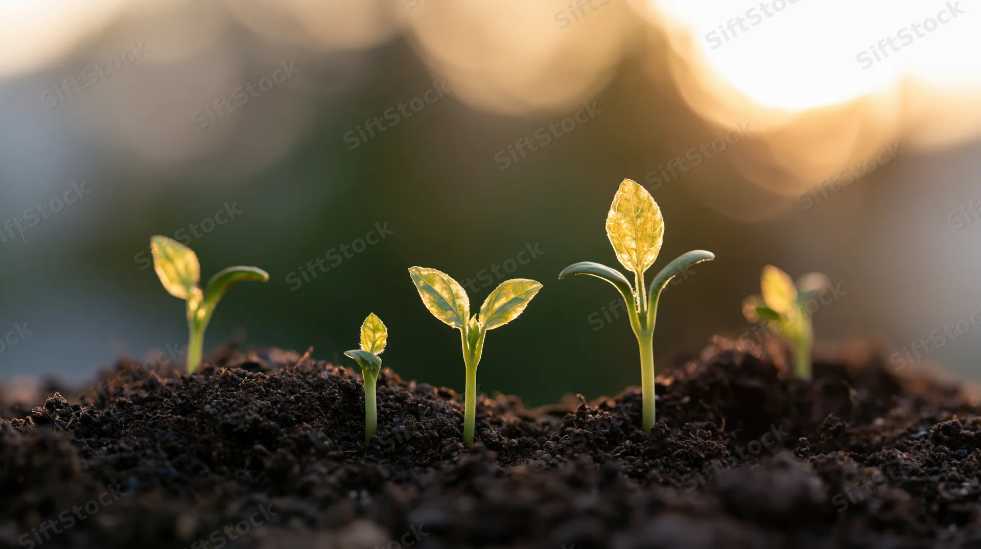 Young seedlings sprouting from dark rich soil in soft golden light