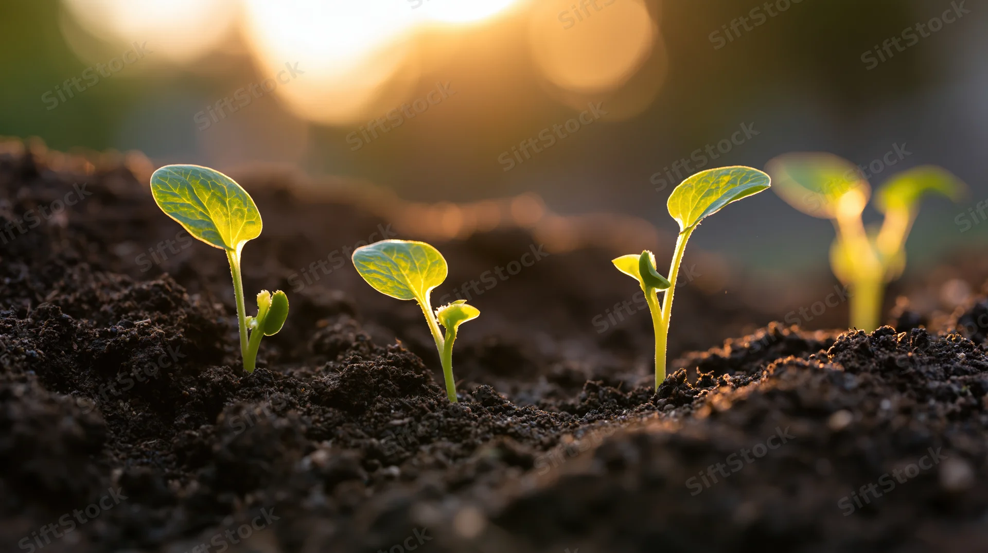 Young seedlings sprouting from dark rich soil in soft morning light