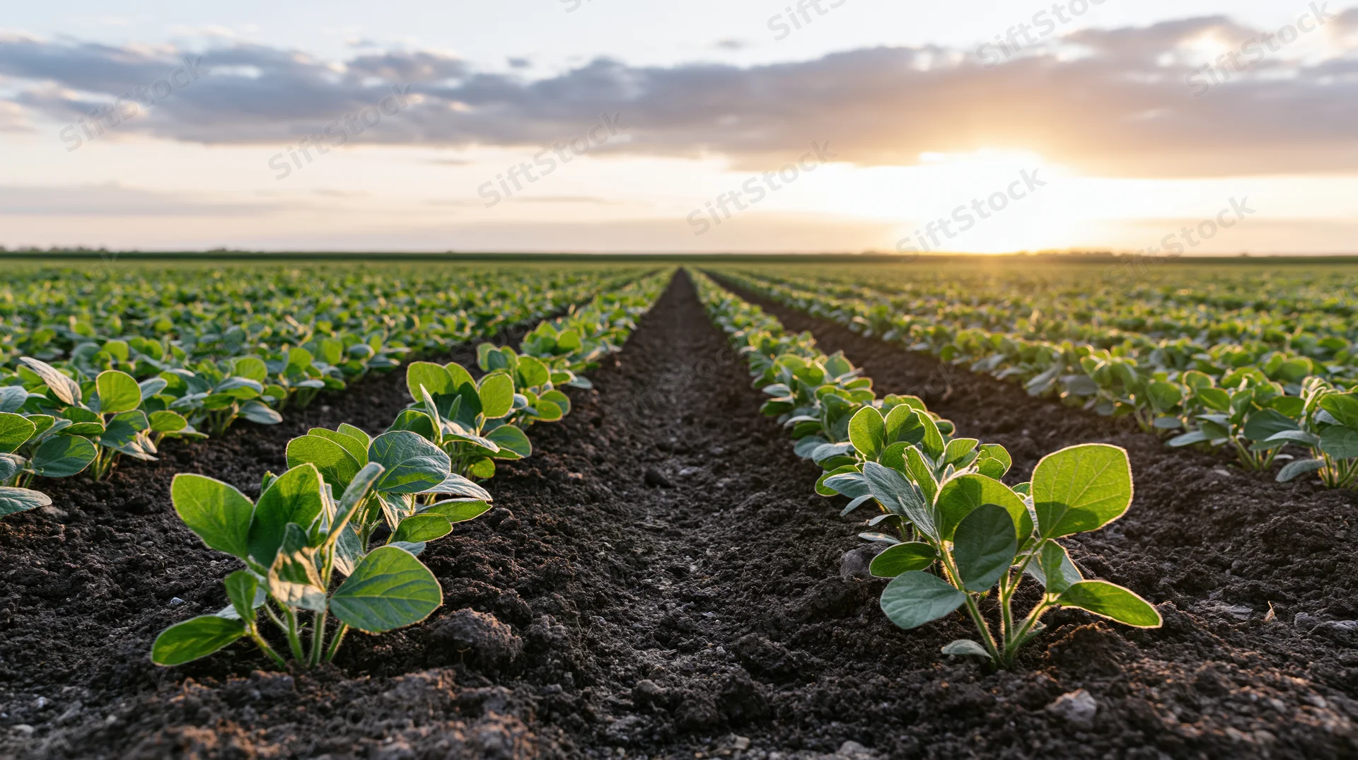 Young soybean seedlings growing in neat parallel rows across a farm field at sunrise