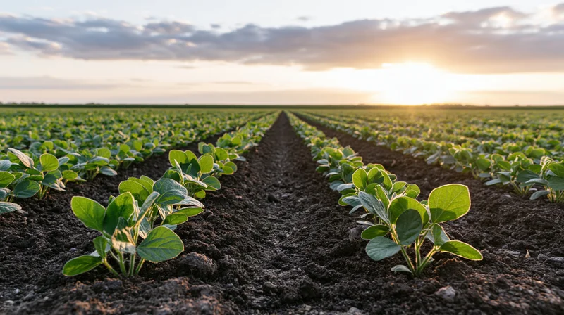 Young soybean seedlings growing in neat parallel rows across a farm field at sunrise
