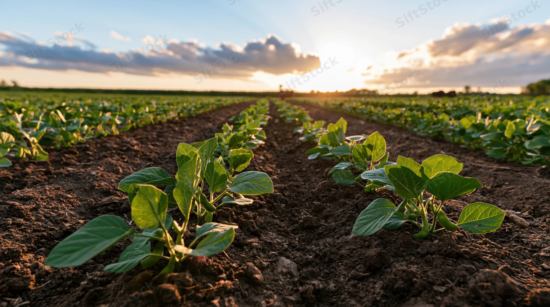 Young soybean seedlings growing in neat parallel rows across a farm field at sunset