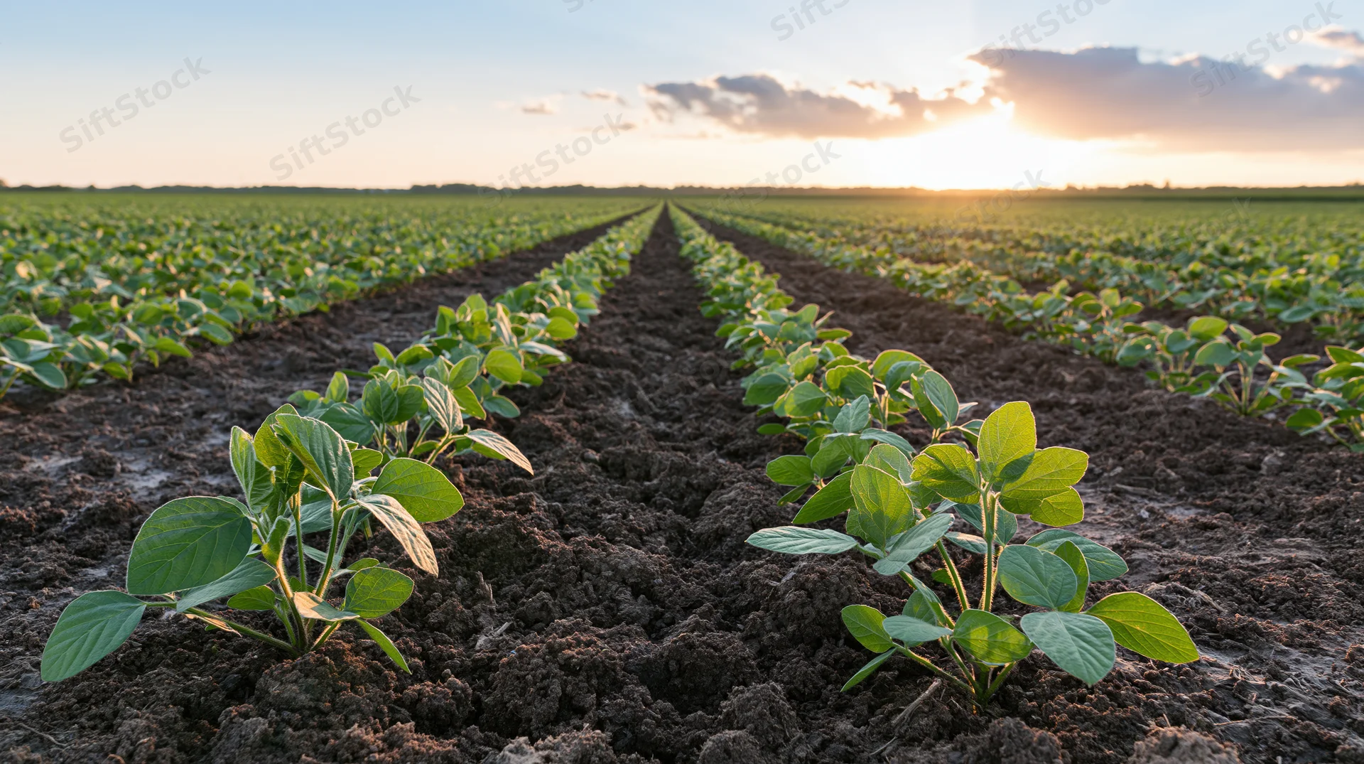 Young soybean seedlings growing in neat parallel rows across a field at sunrise