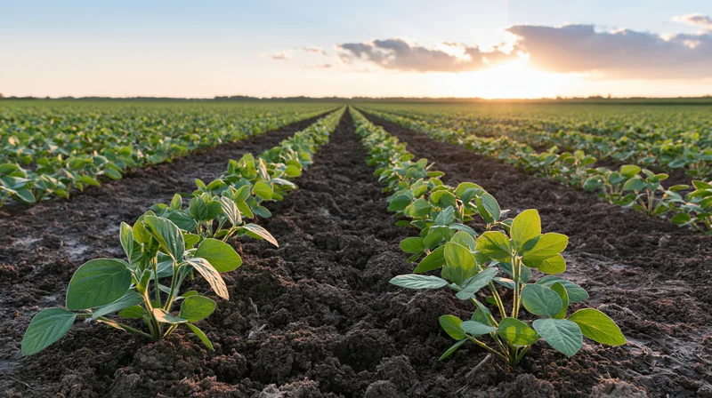 Young soybean seedlings growing in neat parallel rows across a field at sunrise