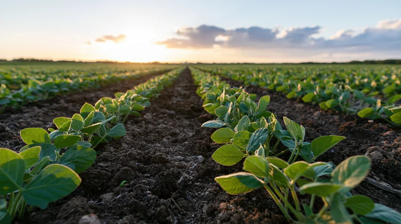 Young soybean seedlings growing in neat parallel rows across a cultivated field at sunrise