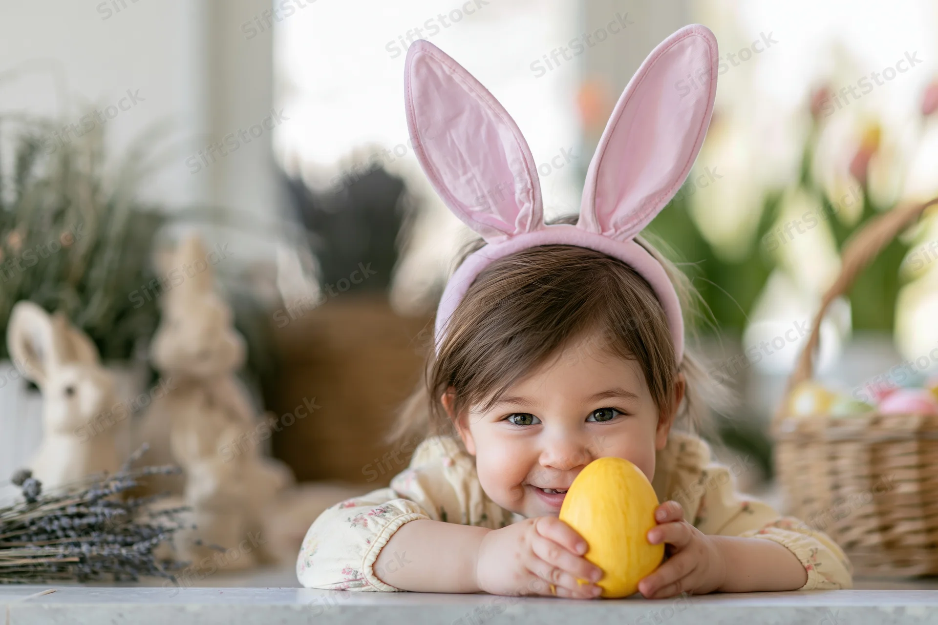 Toddler girl peeking over table edge wearing pink bunny ears and holding yellow easter egg