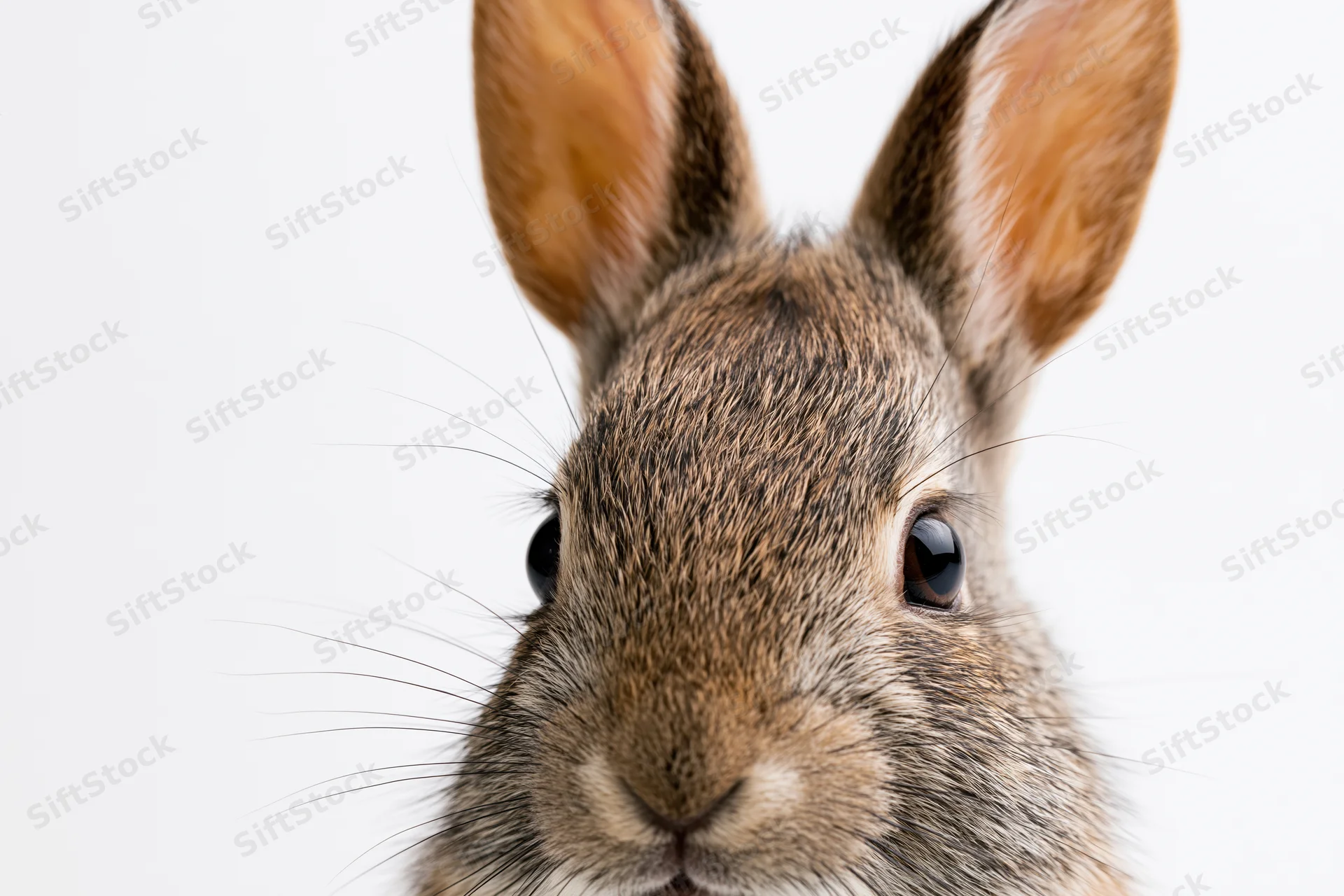 Young wild cottontail rabbit peering directly at camera in studio portrait against white background