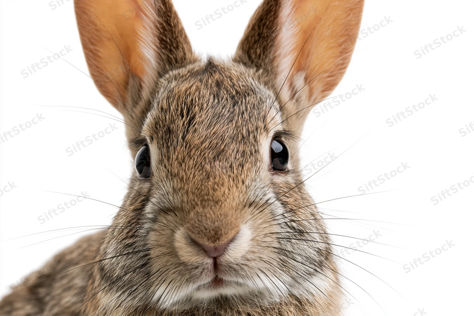 Young wild cottontail rabbit peering directly at camera in studio closeup