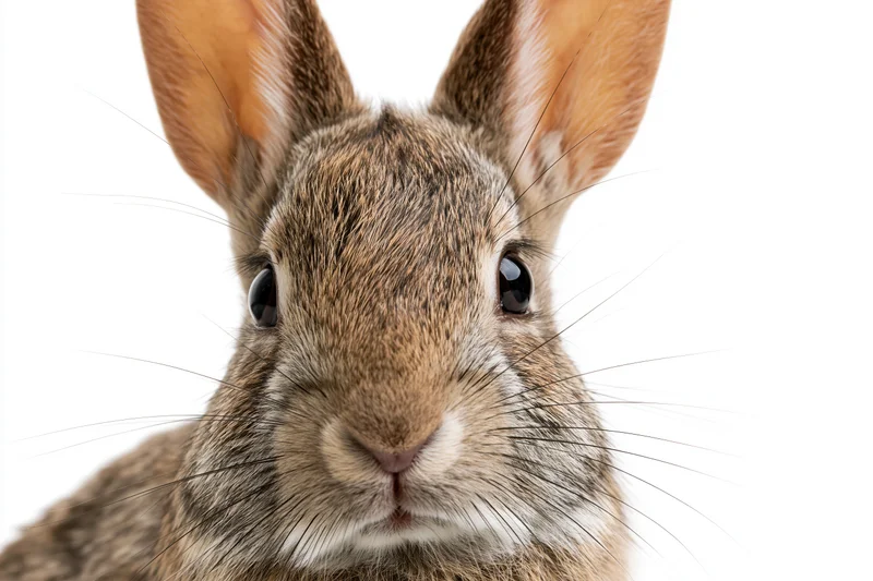 Young wild cottontail rabbit peering directly at camera in studio closeup