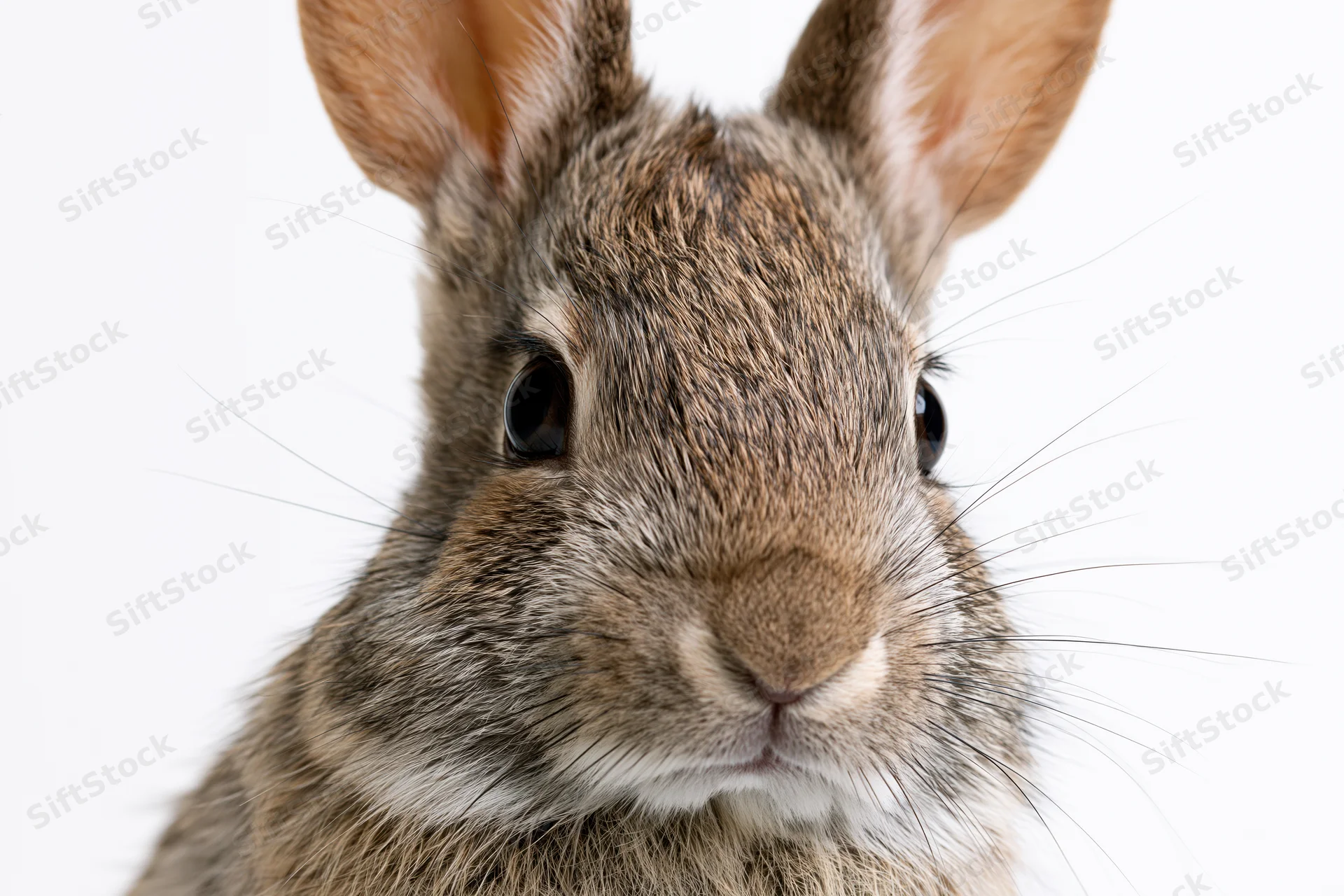 Young wild cottontail rabbit facing camera in studio closeup