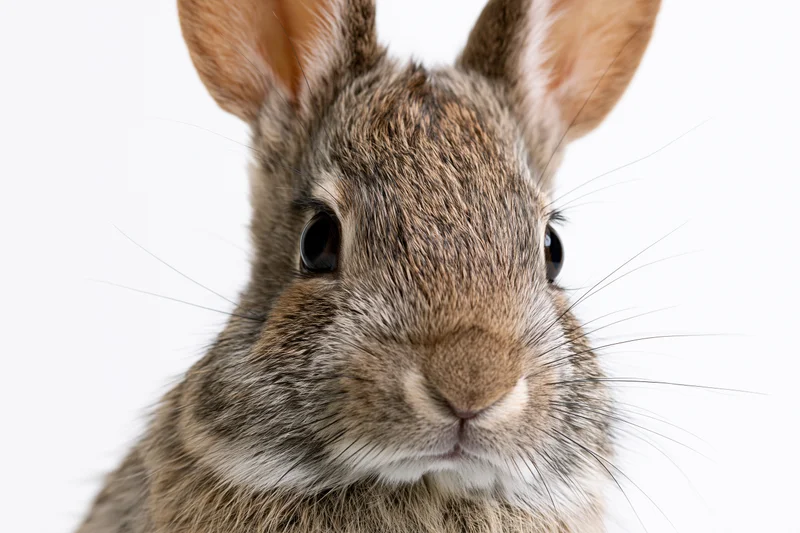 Young wild cottontail rabbit facing camera in studio closeup
