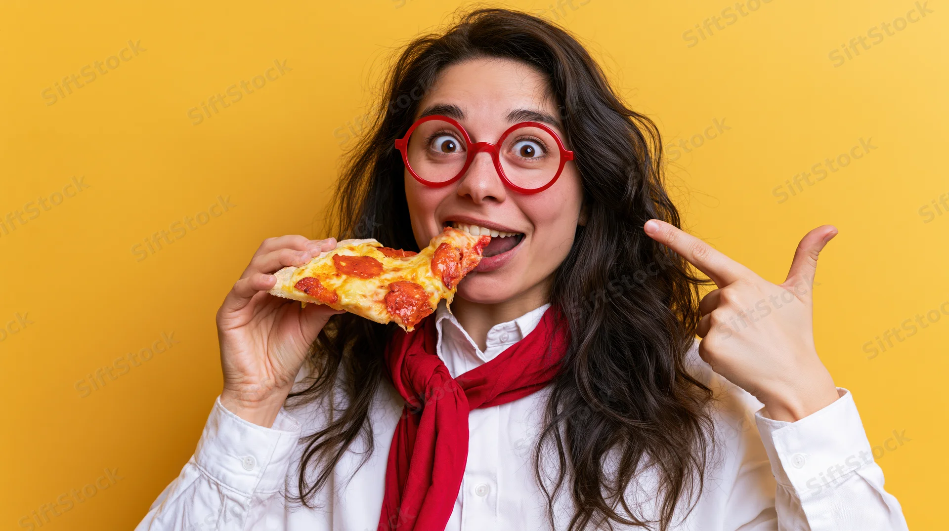 Woman biting into pepperoni pizza slice while pointing at herself against yellow background