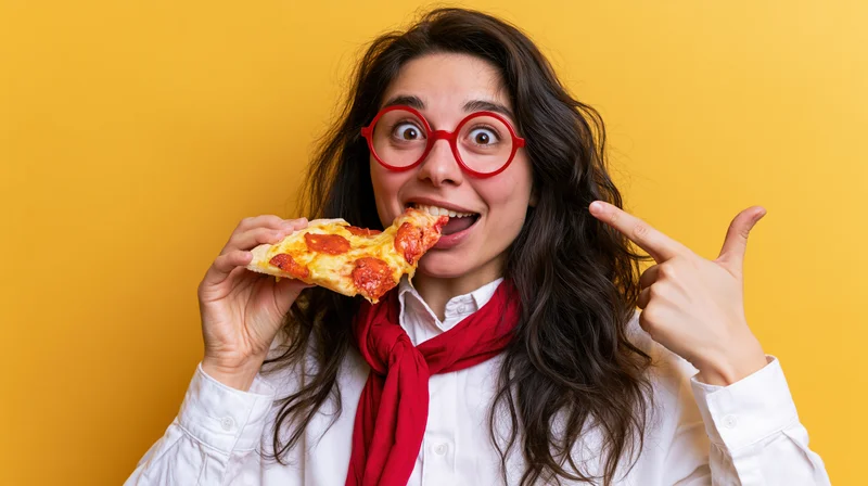 Woman biting into pepperoni pizza slice while pointing at herself against yellow background