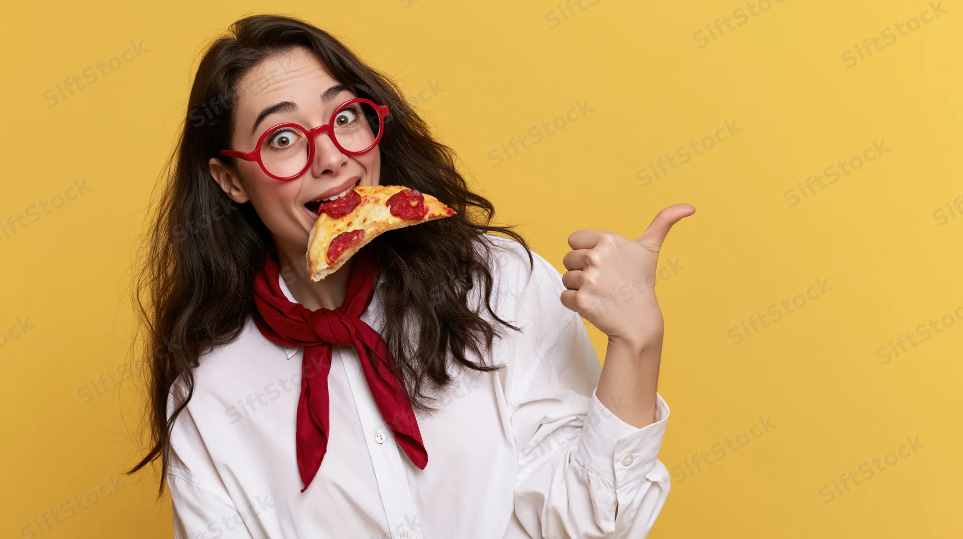 Woman biting into pepperoni pizza slice while giving thumbs up against yellow background