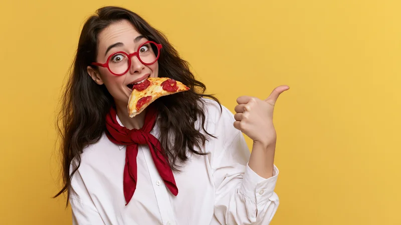 Woman biting into pepperoni pizza slice while giving thumbs up against yellow background