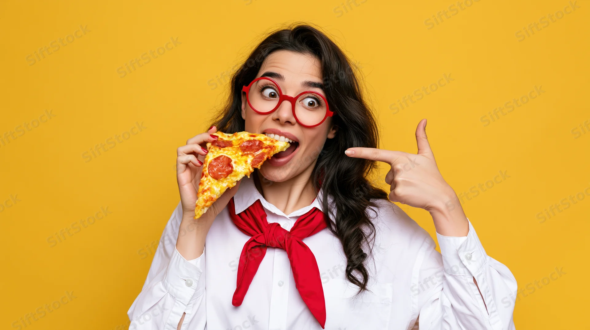 Woman biting into pepperoni pizza slice while pointing at herself against yellow background