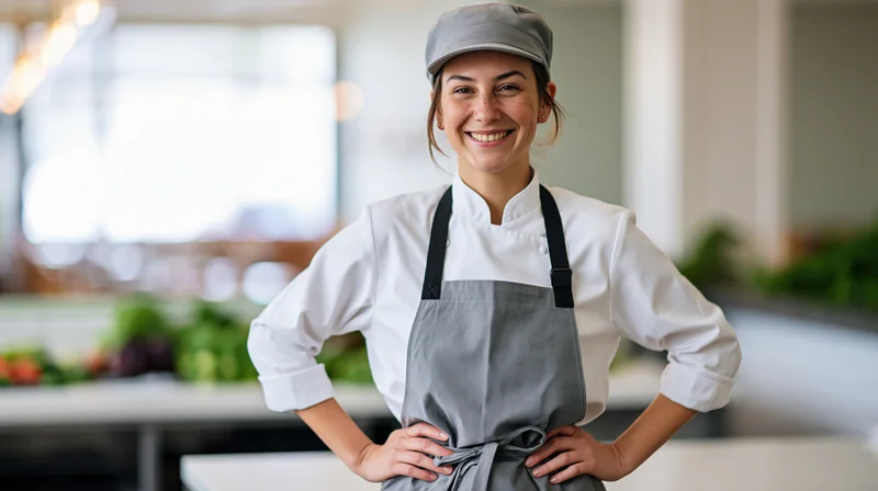 Woman chef standing confidently in restaurant kitchen with hands on hips