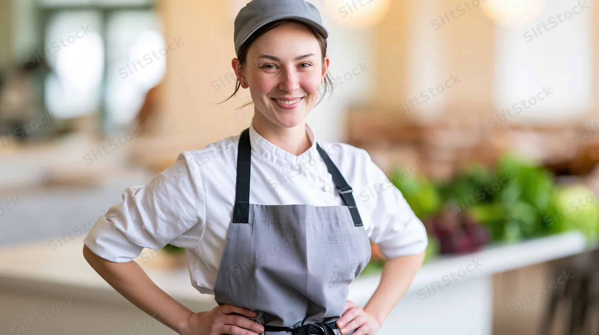 Young woman chef standing confidently in a restaurant kitchen with hands on hips, wearing a gray apron and cap