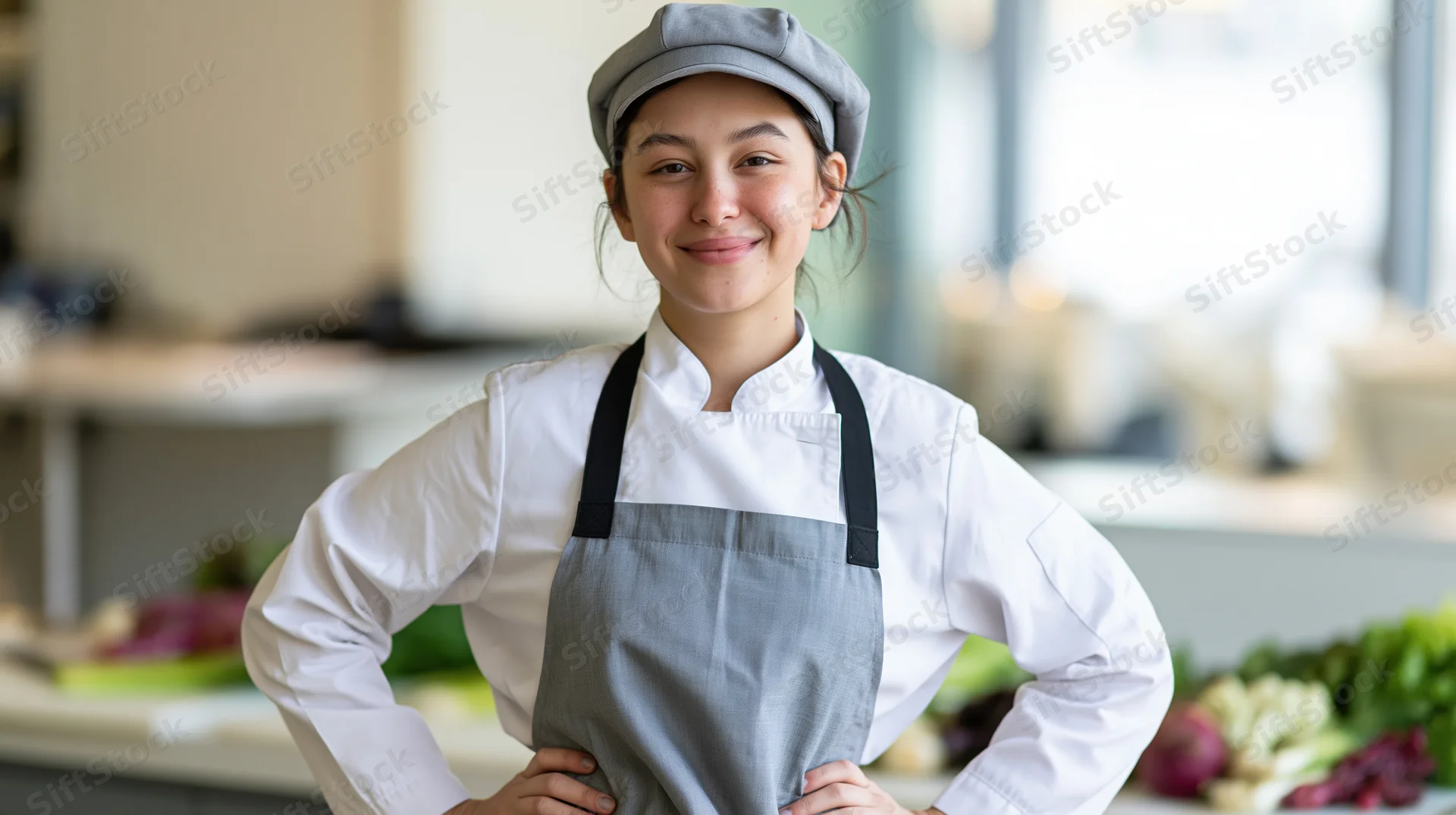 Young woman chef standing confidently in a restaurant kitchen with hands on hips, surrounded by fresh vegetables