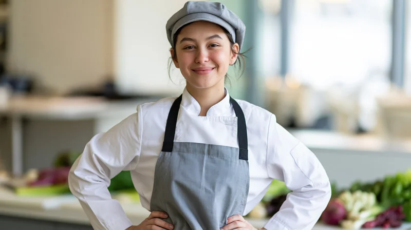 Young woman chef standing confidently in a restaurant kitchen with hands on hips, surrounded by fresh vegetables