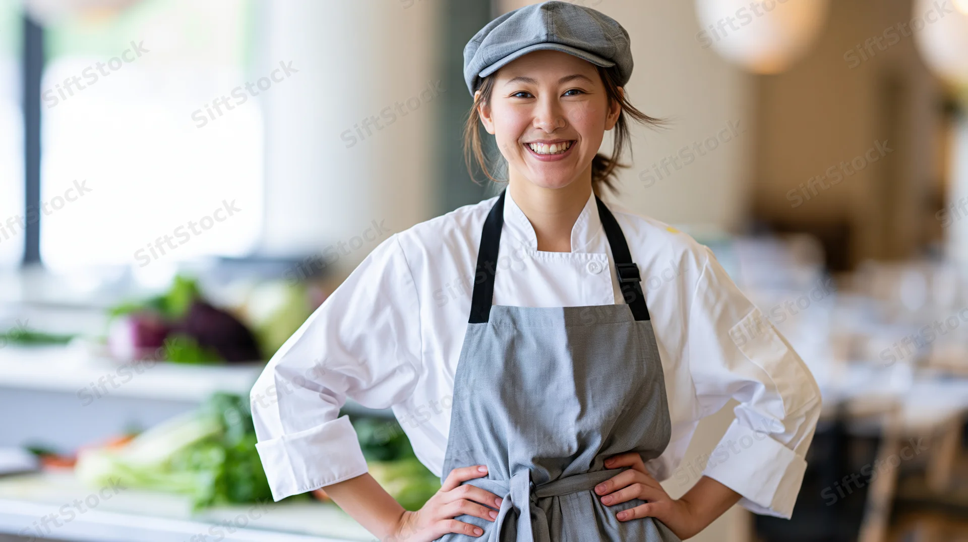 Young woman chef smiling confidently with hands on hips in restaurant kitchen