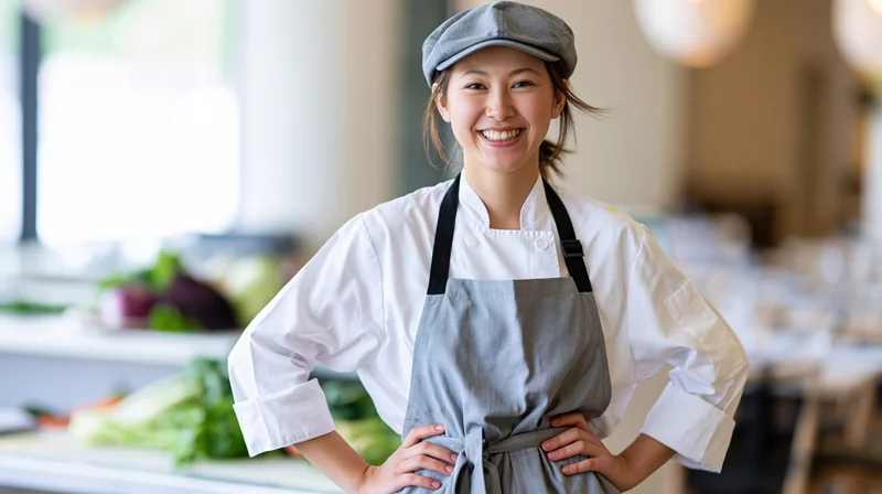 Young woman chef smiling confidently with hands on hips in restaurant kitchen
