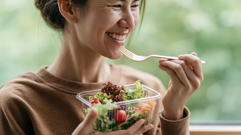 Woman eating fresh salad from a clear plastic container with a fork indoors near a window