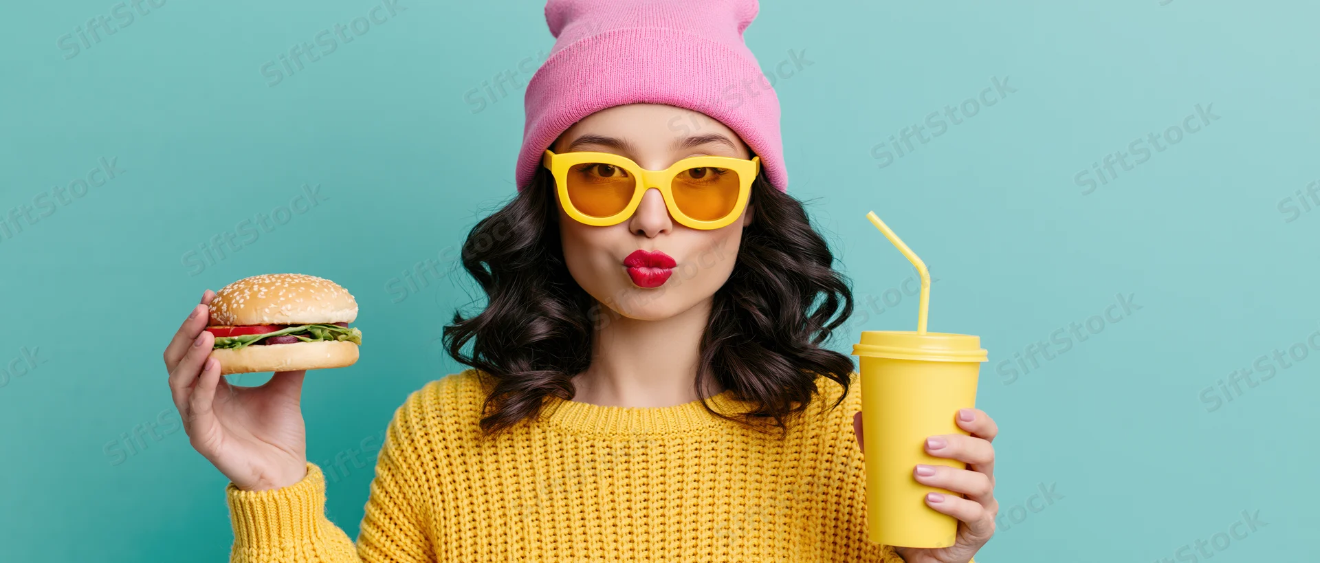 Woman holding a burger and a yellow cup with straw, wearing yellow sunglasses and pink beanie, against teal background