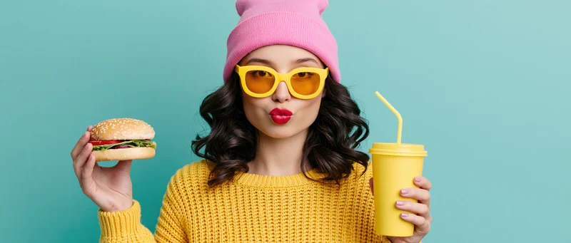 Woman holding a burger and a yellow cup with straw, wearing yellow sunglasses and pink beanie, against teal background