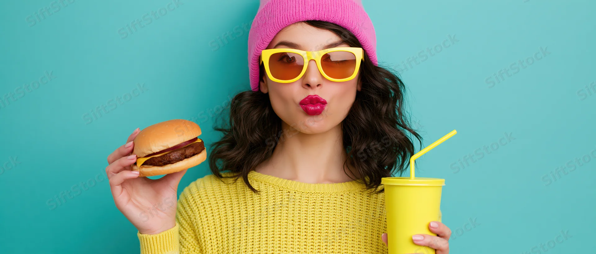 Young woman holding a burger and a yellow soda cup against a teal background