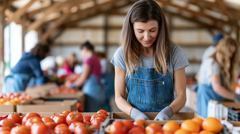 Woman sorting tomatoes and oranges in a barn market wearing denim apron and grey gloves