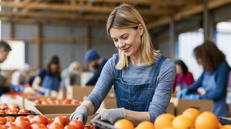 Woman sorting tomatoes and oranges in a warehouse with workers packing produce in boxes