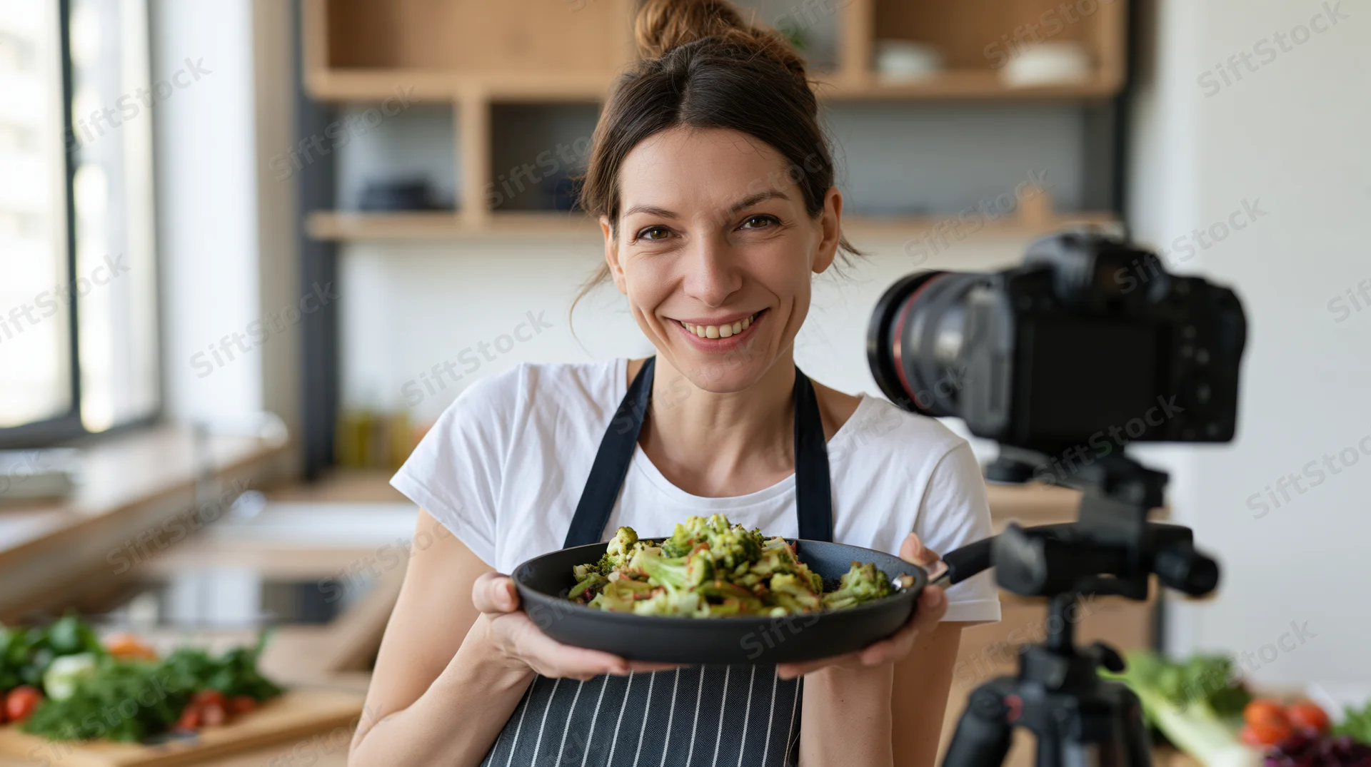 Woman in striped apron holding skillet of cooked vegetables in kitchen with camera on tripod