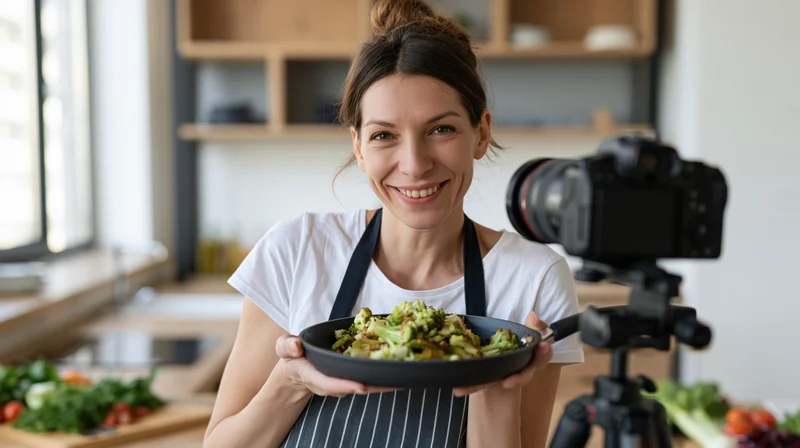Woman in striped apron holding skillet of cooked vegetables in kitchen with camera on tripod