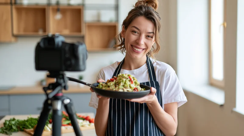 Woman in striped apron holding skillet of salad in kitchen facing camera on tripod