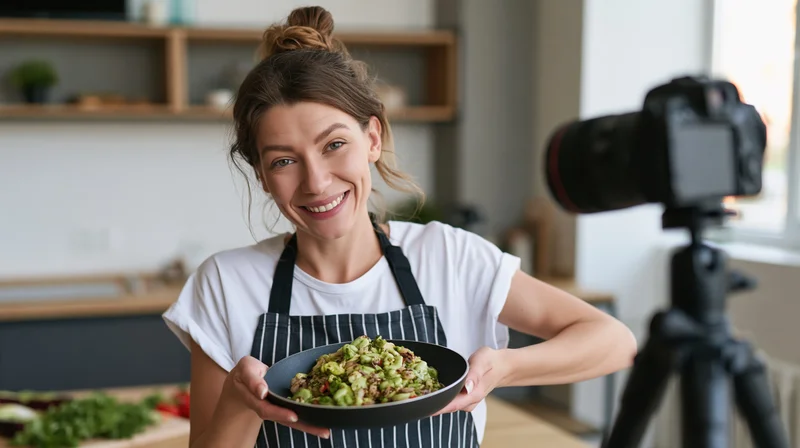 Woman in striped apron holding a skillet of cooked vegetables in kitchen, smiling at camera on tripod