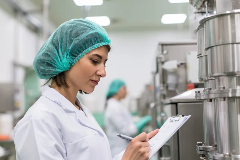 Woman in lab coat writing on clipboard in cleanroom laboratory