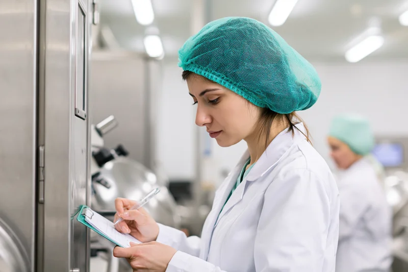 Woman in lab coat writing on clipboard in cleanroom facility