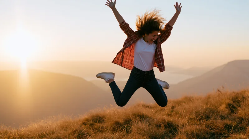Woman jumping with arms raised on grassy hillside at sunset