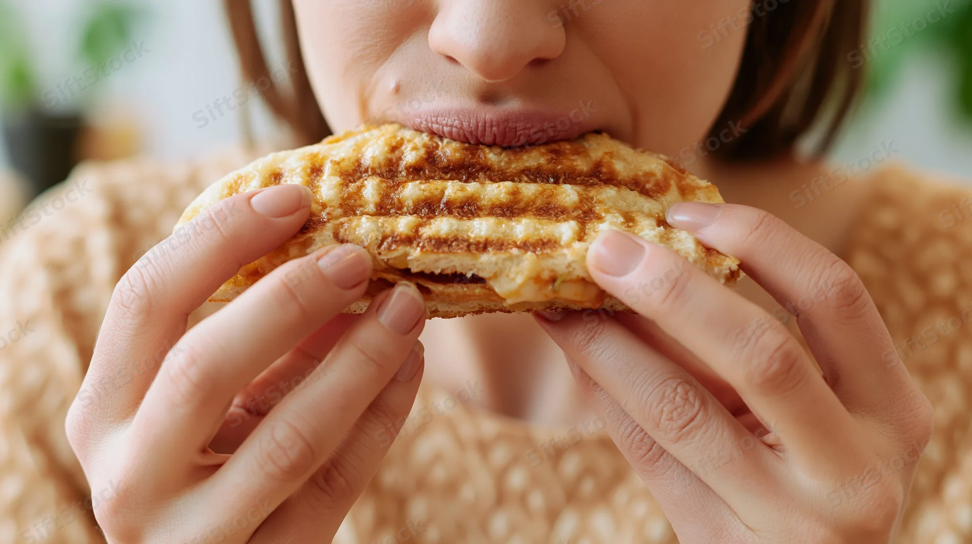 Woman taking a bite of a toasted panini sandwich held in her hands