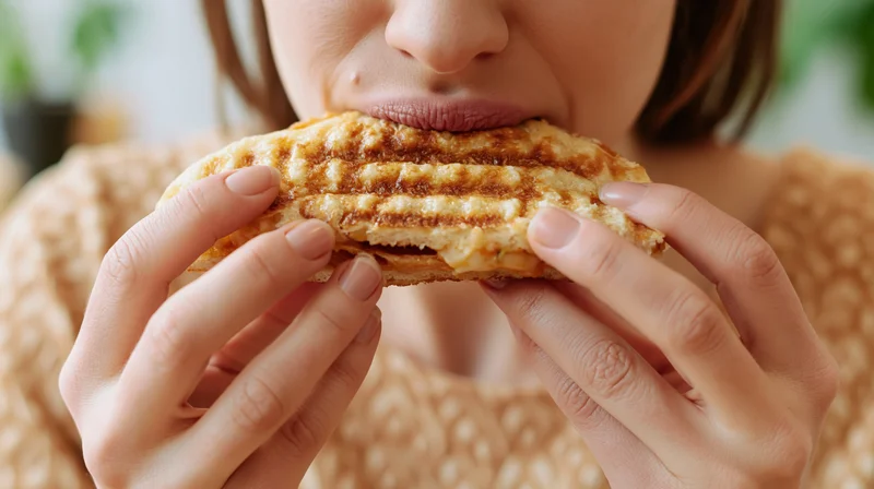 Woman taking a bite of a toasted panini sandwich held in her hands
