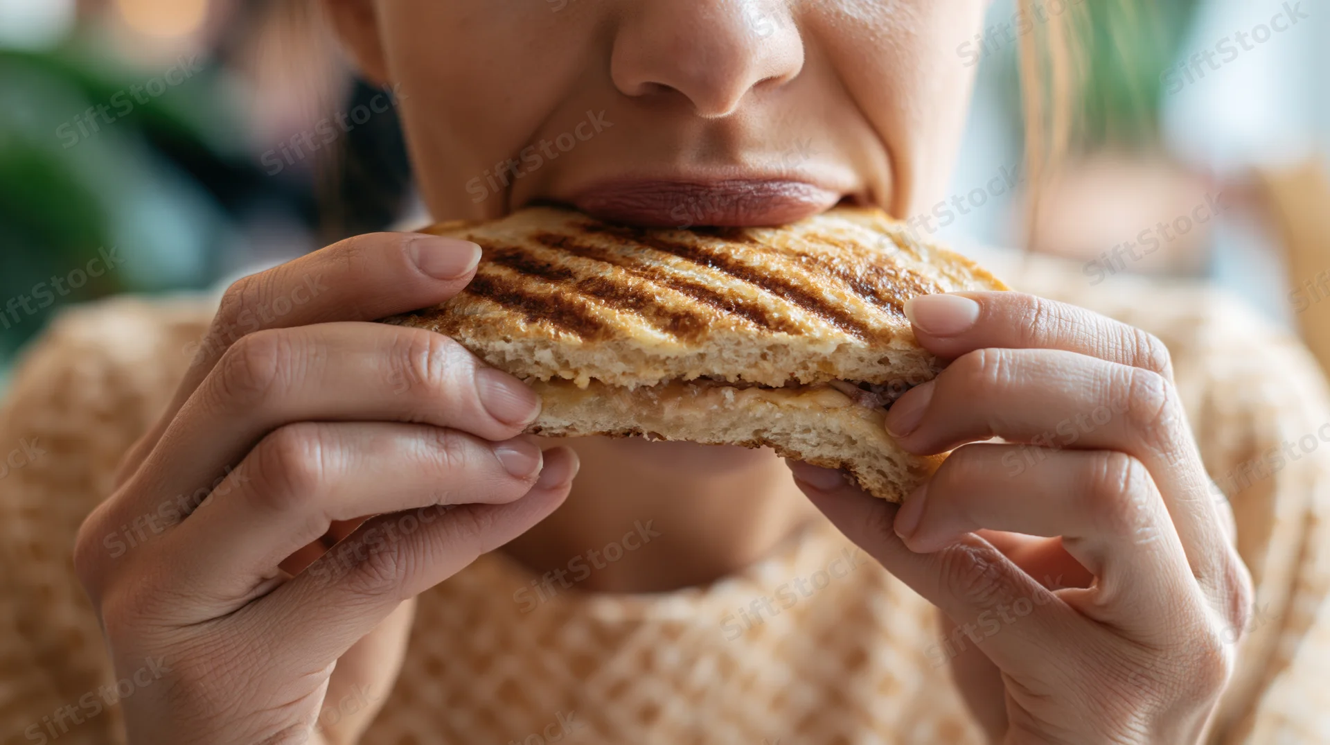 Woman taking a bite of a toasted panini sandwich held in hands indoors
