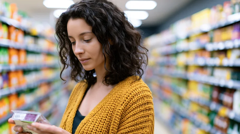 Woman reading product label in supermarket aisle