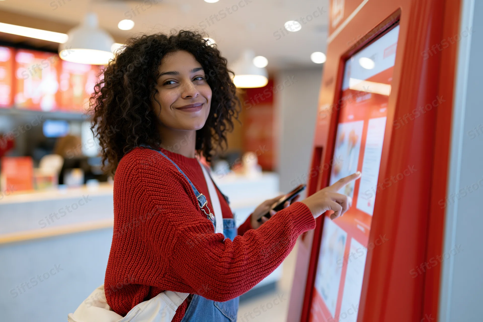 Woman pointing at touchscreen kiosk in fast food restaurant interior
