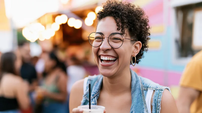 Young woman laughing openly while holding a drink at a nighttime outdoor festival