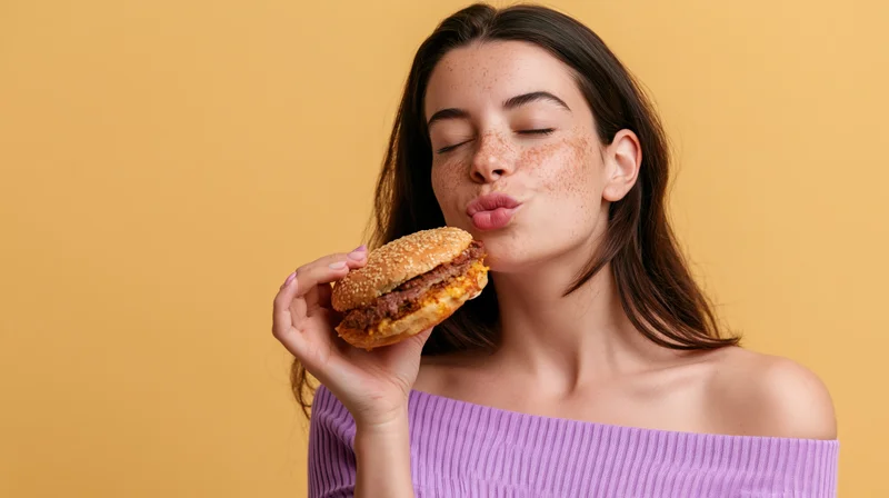 Young woman with freckles eating a large layered burger in studio setting