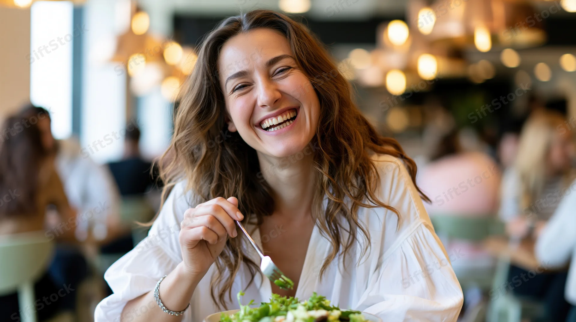 Woman laughing while eating salad in a restaurant
