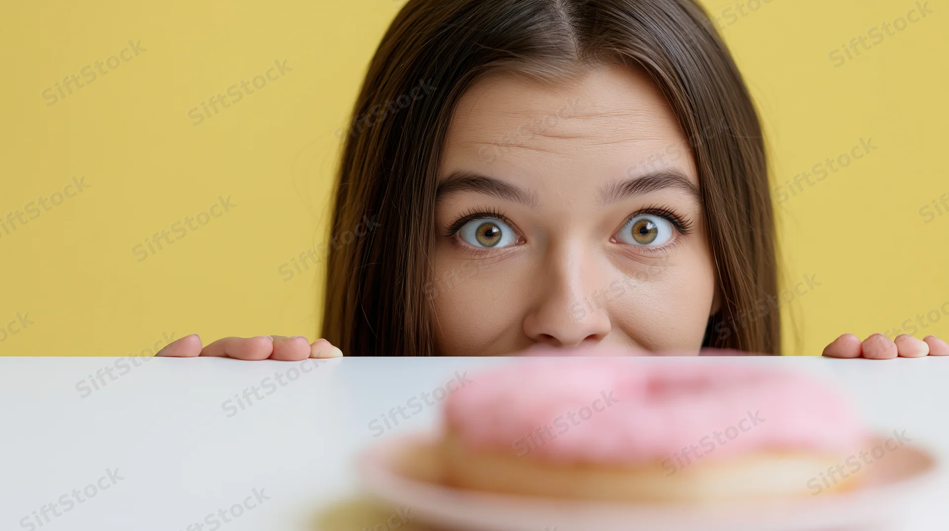 Young woman peeking over table edge with pink frosted donut in foreground