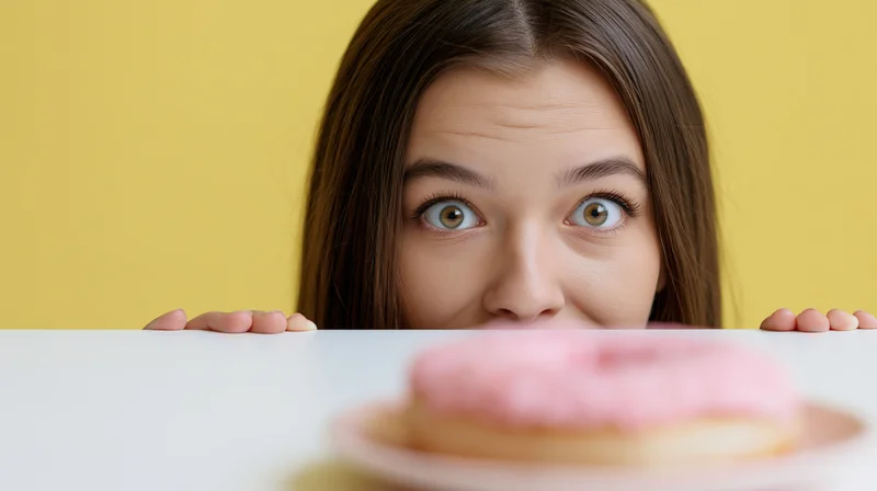 Young woman peeking over table edge with pink frosted donut in foreground