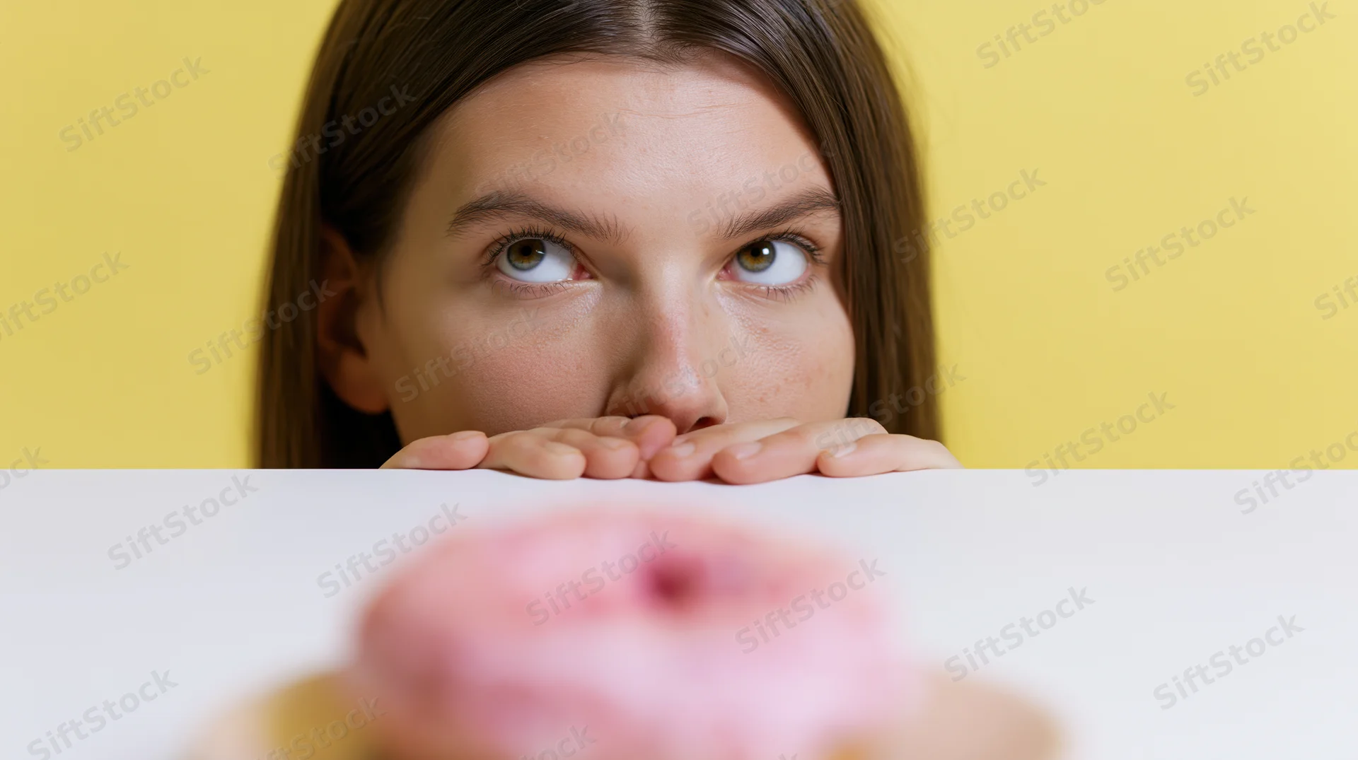 Young woman peeking over white table at pink donut against yellow background