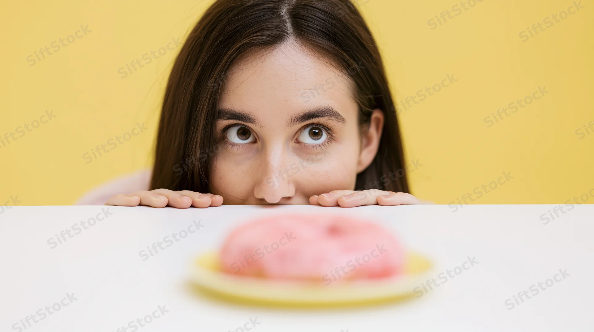 Young woman peeking over table edge at pink donut on yellow plate